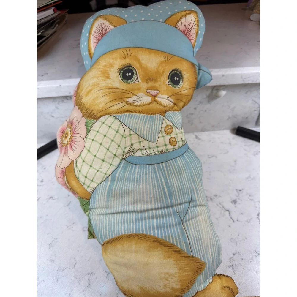 Vintage Handmade Fabric Cat‎ Pillow Ginger Tabby Blue Striped Outfit Cottagecore